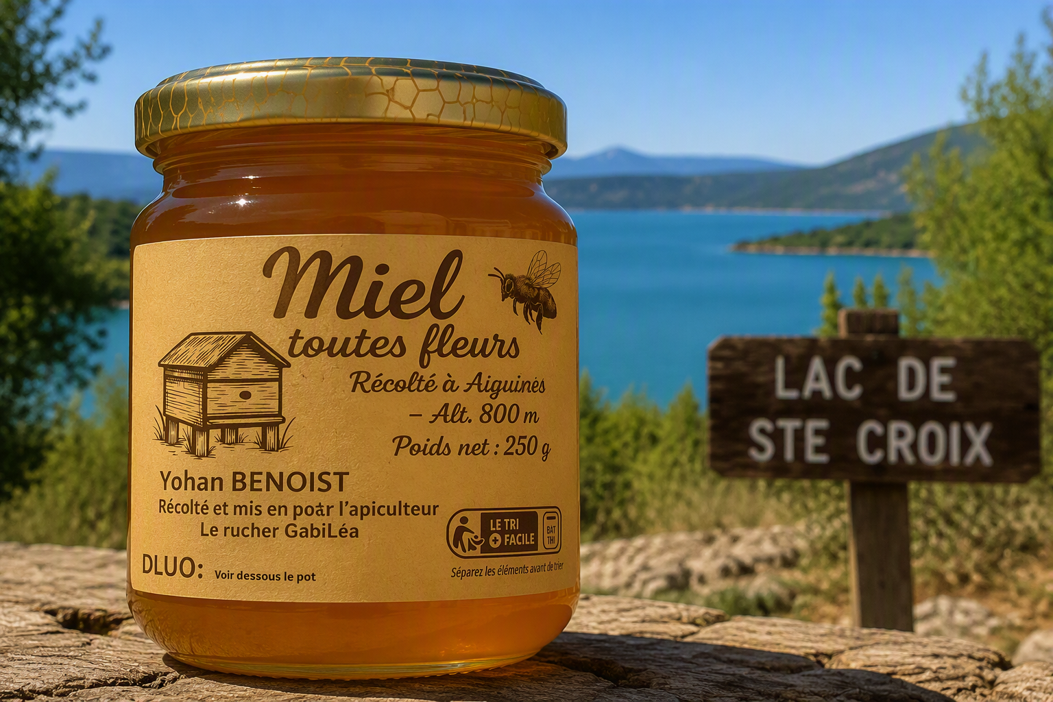 Miel toutes fleurs récolté à Aiguines avec le lac de Sainte-Croix